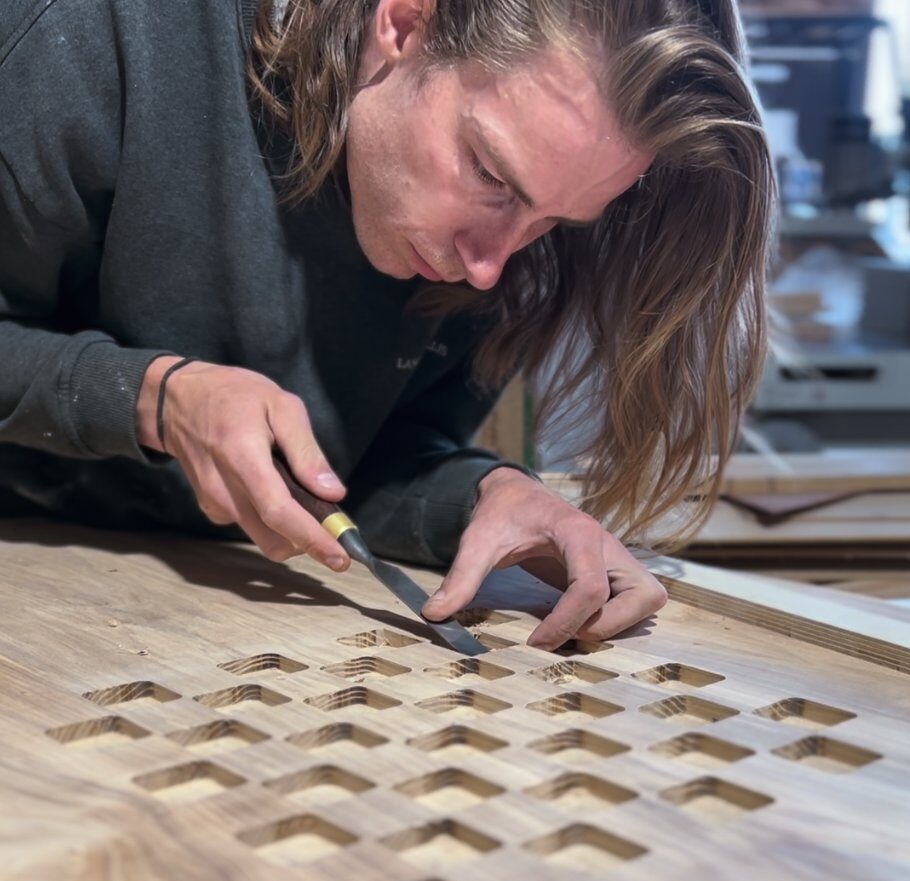 Toby Morton, cabinetmaker, at work in the Fox Ears workshop